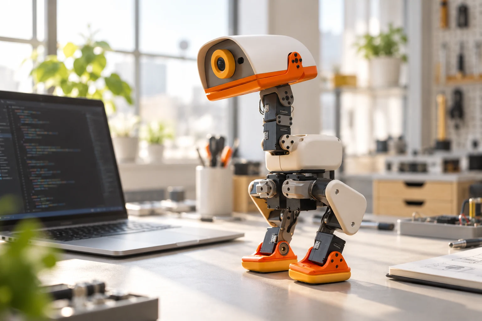A white and orange Microduck on a workbench beside a laptop